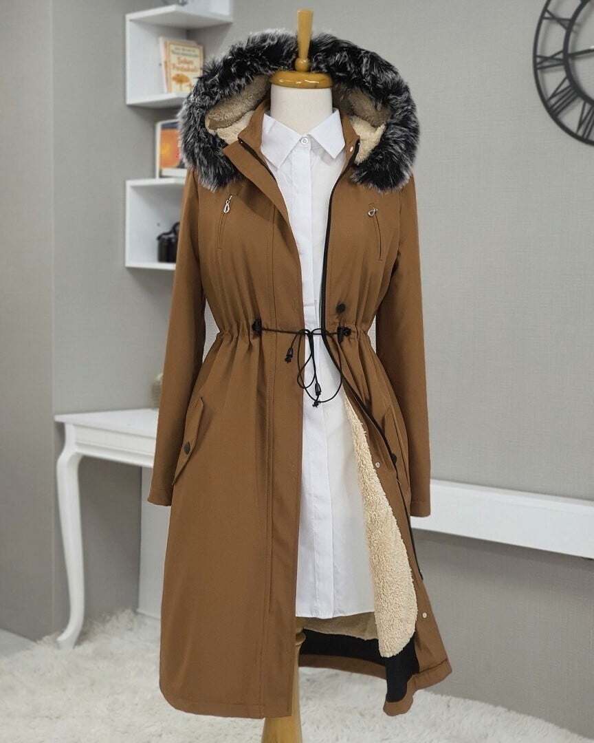 Women's Hooded Drawstring Waist Coat in Tan - Podyumplus - by Peralane - photo 3