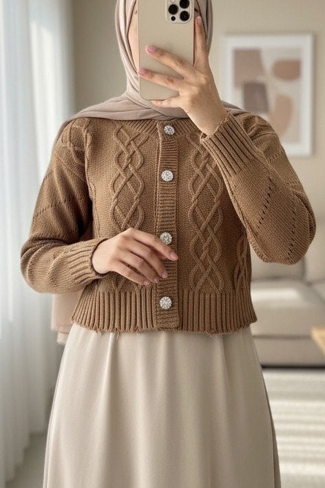 Stone Button Cropped Cardigan - Mink - Podyumplus - by Peralane - photo 7