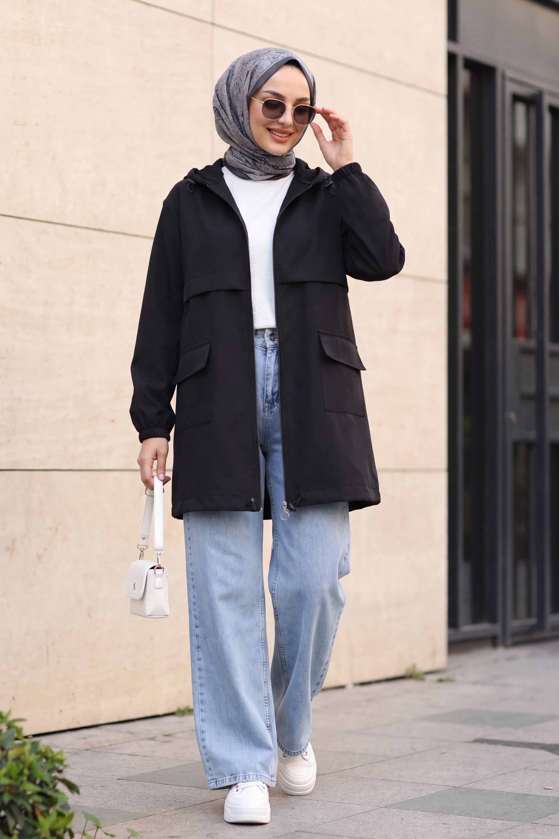 Black Hooded Full-Zip Raincoat with Flap Pockets - Podyumplus - by Peralane - photo 6