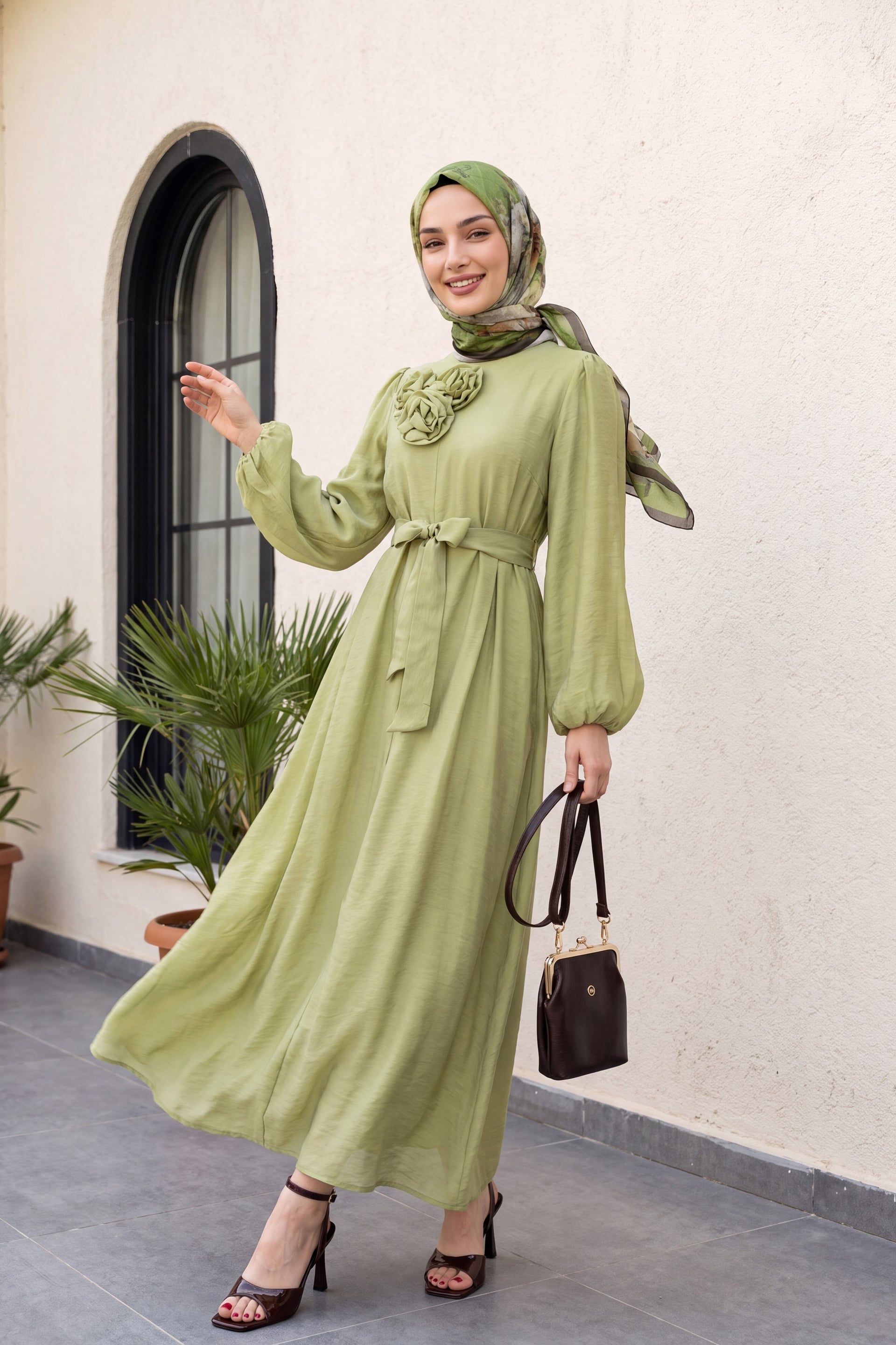 Brooch Detail Belted Lined Balloon Sleeve Tulle Voile Dress - Olive Green - Podyumplus - by Peralane - photo 5