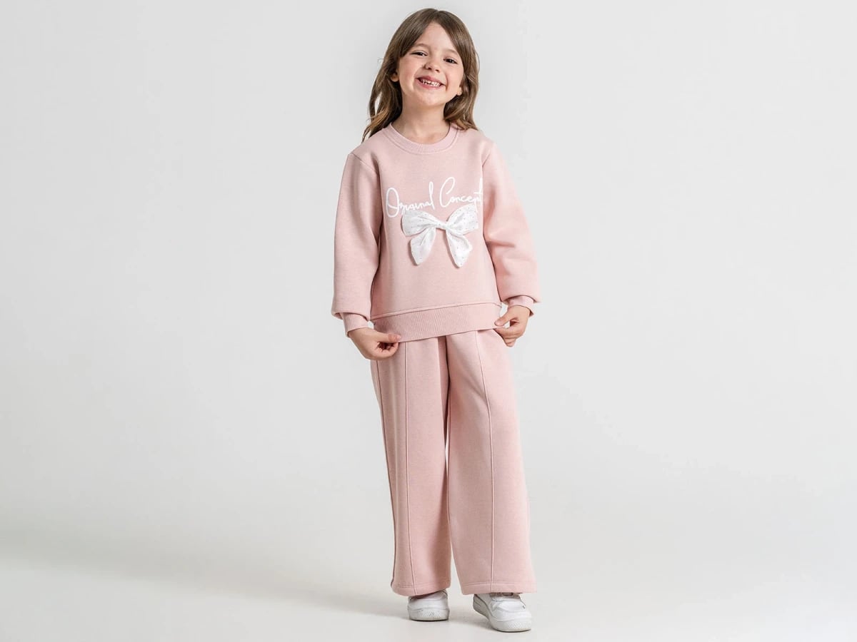 Girls' Pink Stone Bow Detail 3-Thread Sweatshirt and Trousers Set - Pampal Kids - by Peralane