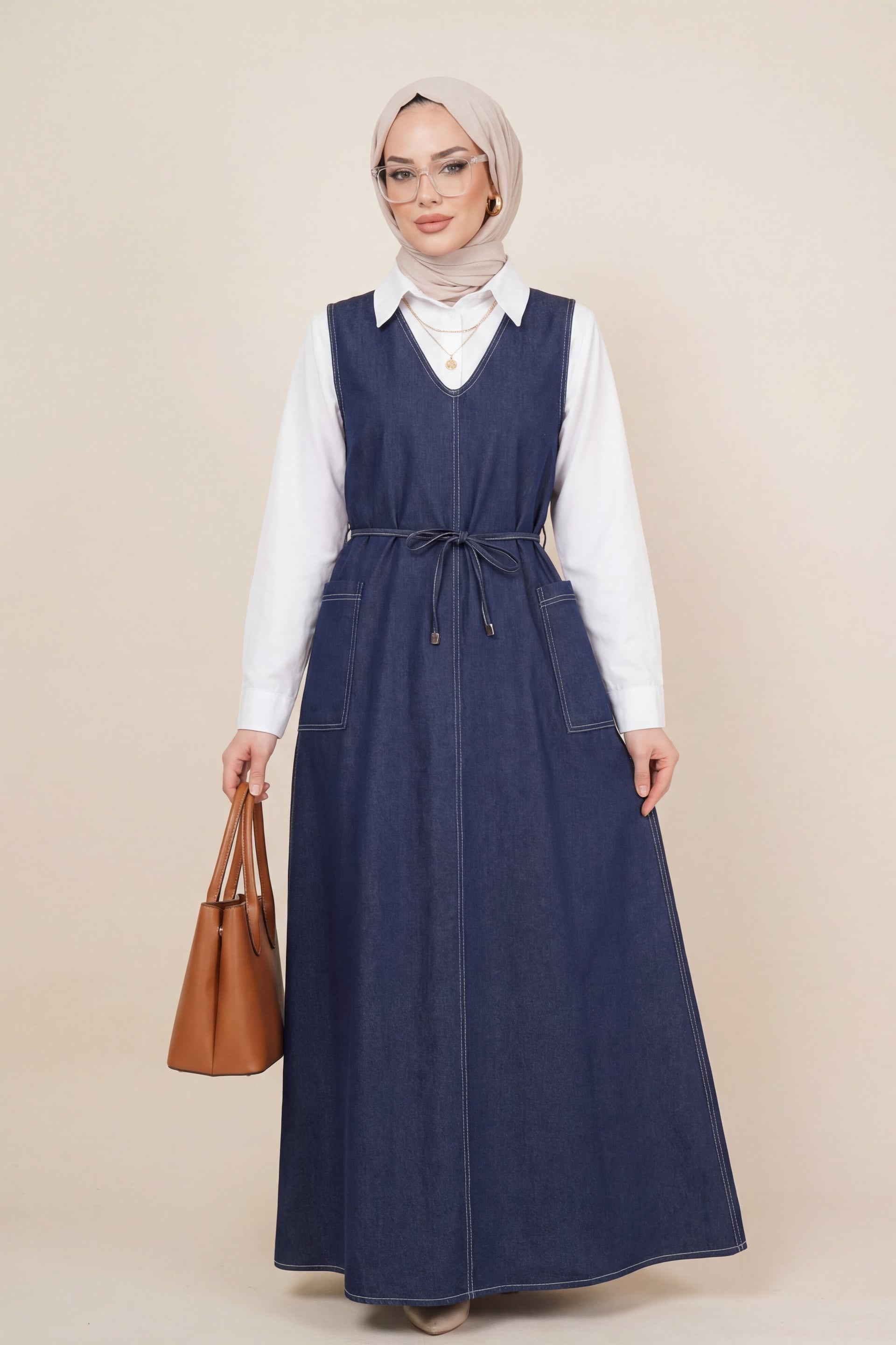 Side Pocket V-Neck Tie Waist Denim Dress - Dark Navy - Podyumplus - by Peralane - photo 2