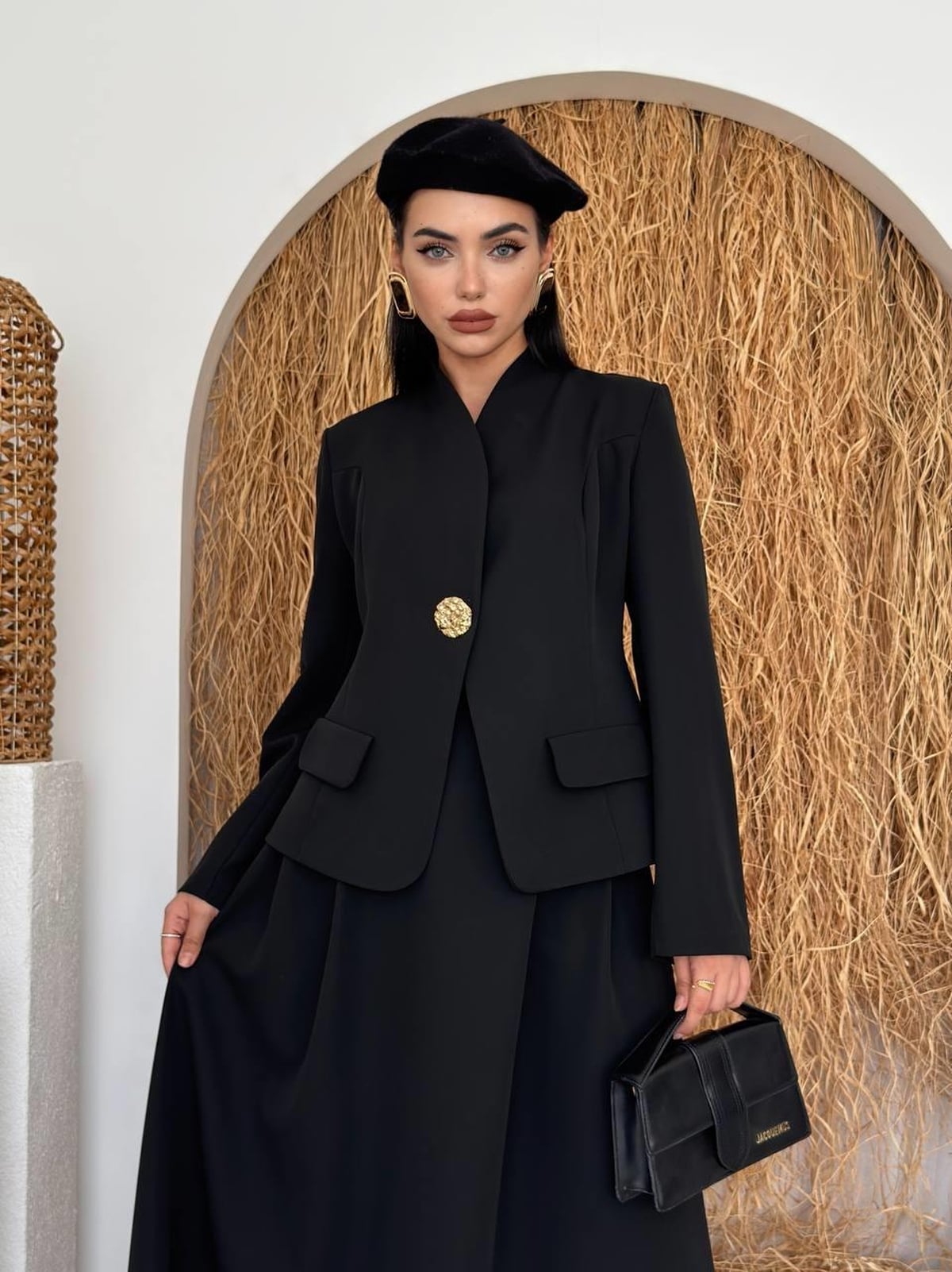 Black Satin Blazer with Flap Pockets and Gold Button - Etika - by Peralane - photo 5