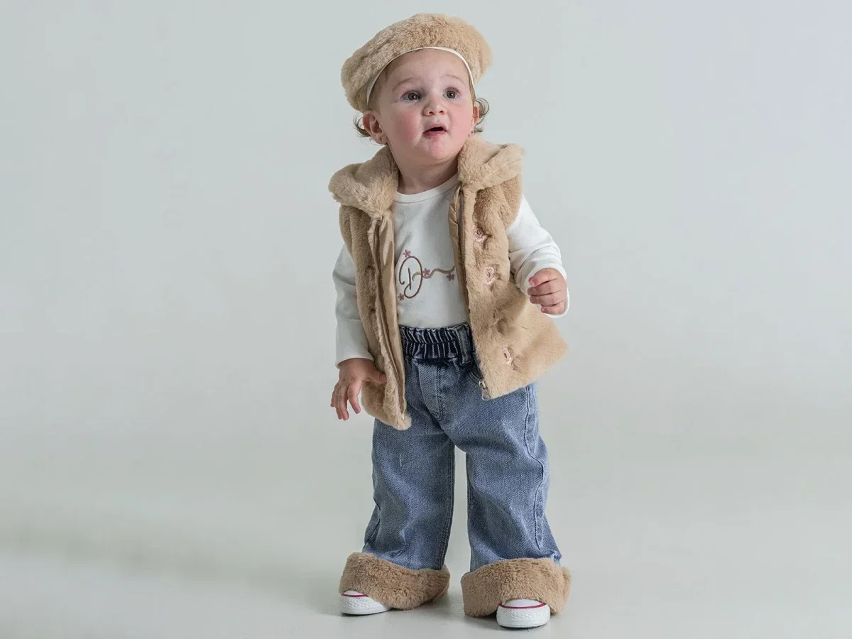 Girls' 4-Piece Baby Outfit with Embroidered Tee, Faux Fur Vest and Denim Trousers - Pampal Kids - by Peralane