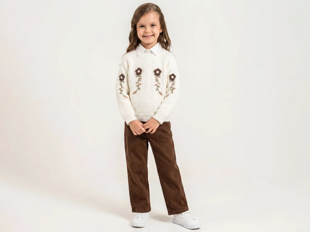 Girls' Floral Embroidered Knit Sweater and Shirt 3-Piece Set - Pampal Kids - by Peralane