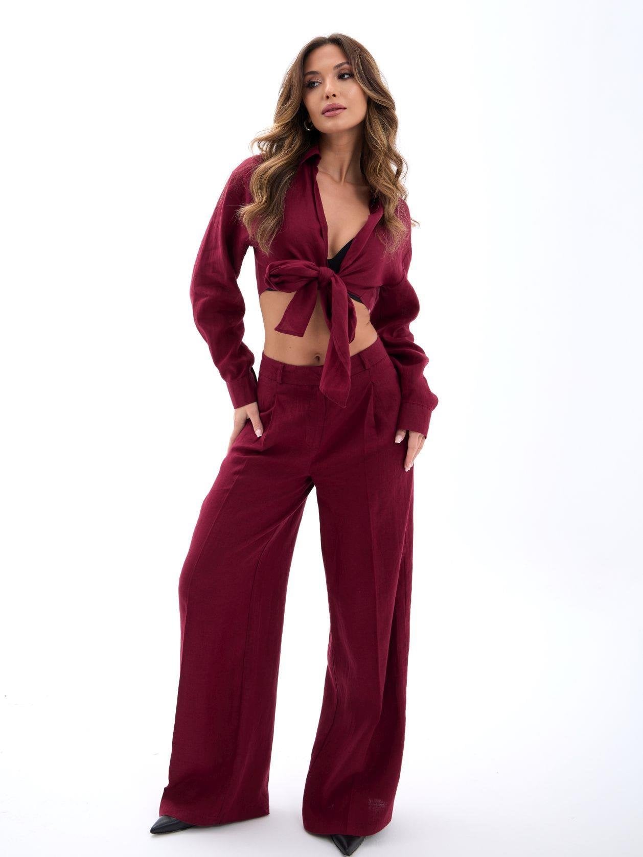 Cropped Shirt and Wide-Leg Trousers Co-ord Set in Deep Red - Fame - by Peralane - photo 4