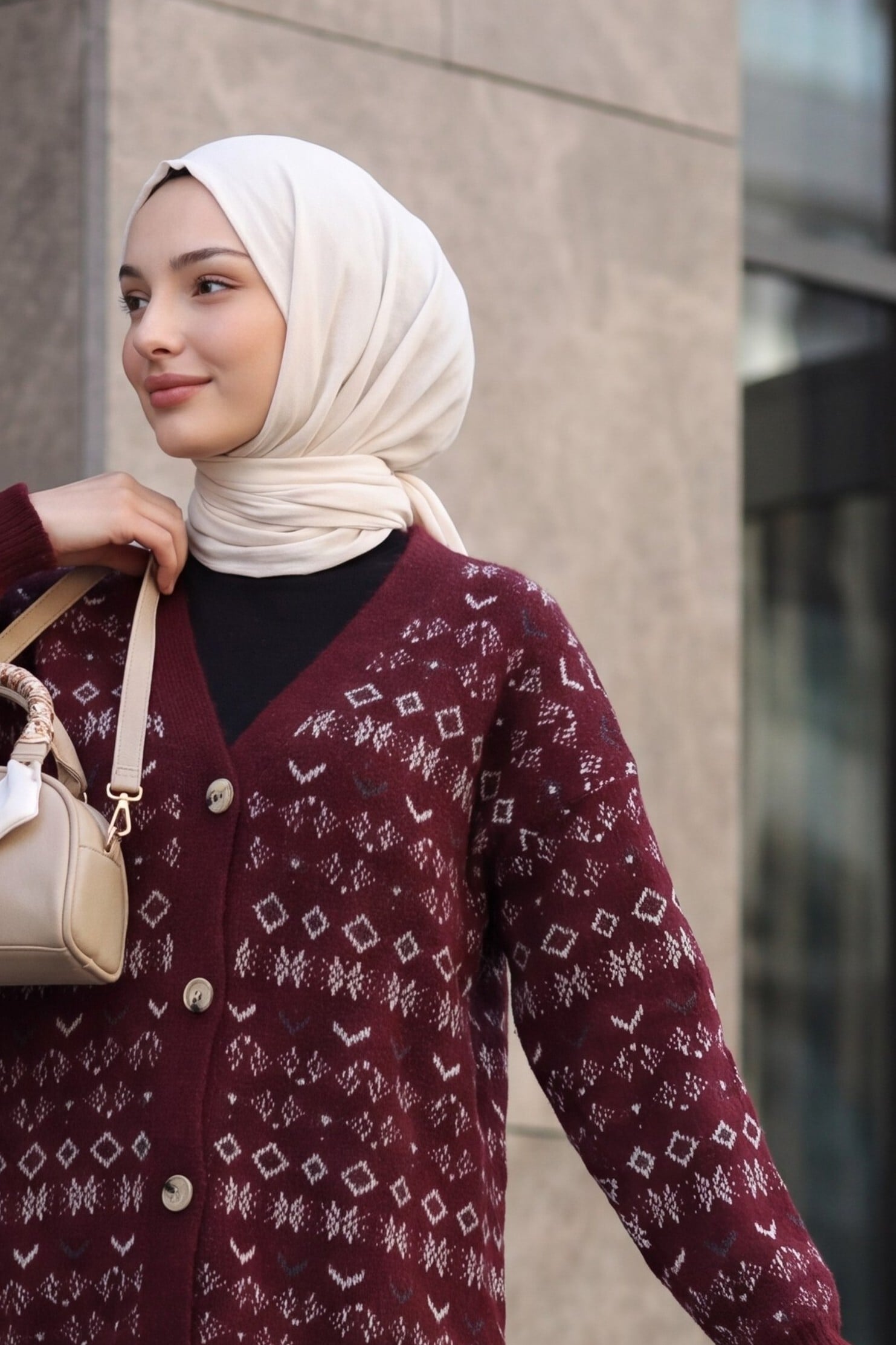 V-Neck Mixed Pattern Buttoned Knit Cardigan - Burgundy - Podyumplus - by Peralane - photo 2