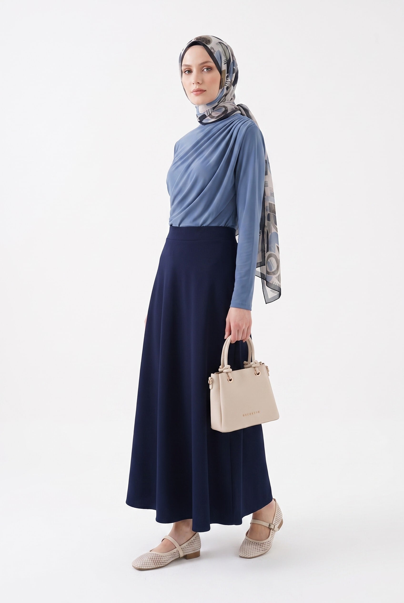 Women's Lycra Crepe Flared Maxi Skirt - Navy - Podyumplus - by Peralane - photo 11