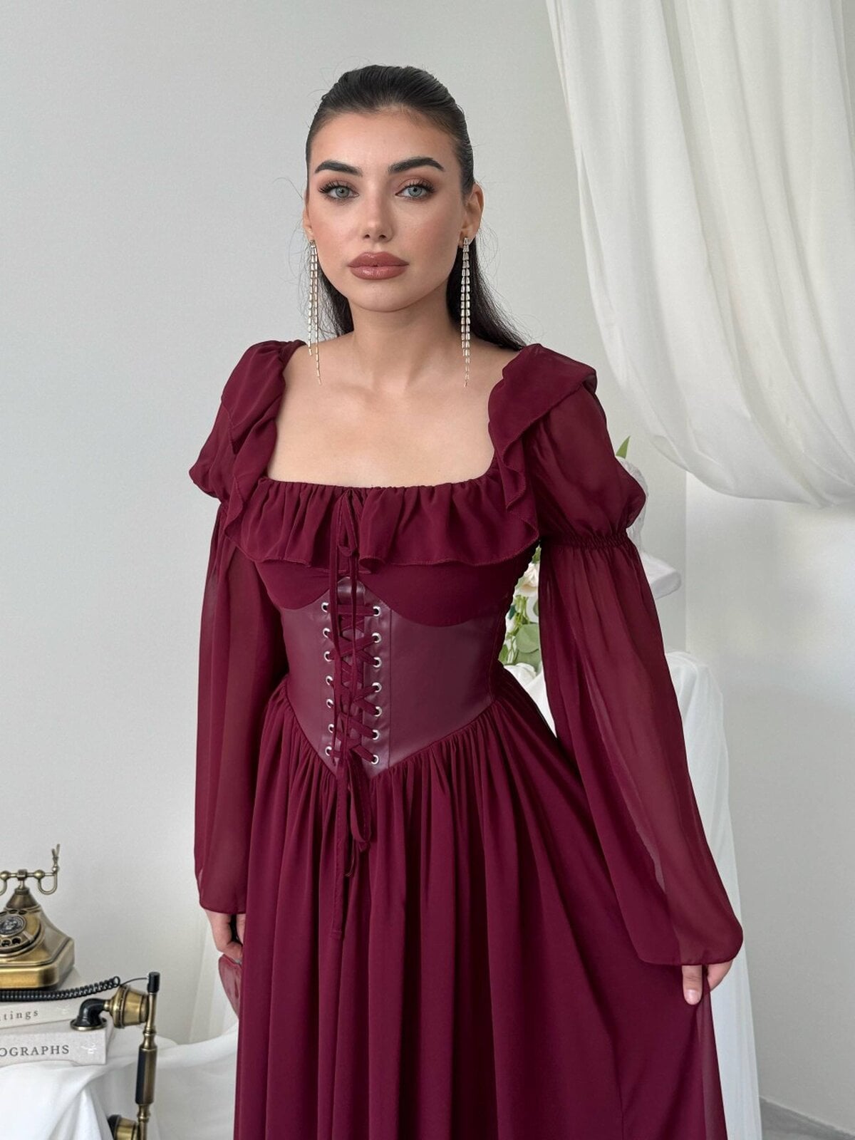 Oras Midi Dress with Corset Bodice and Ruffled Sleeves - Burgundy - Etika - by Peralane - photo 7