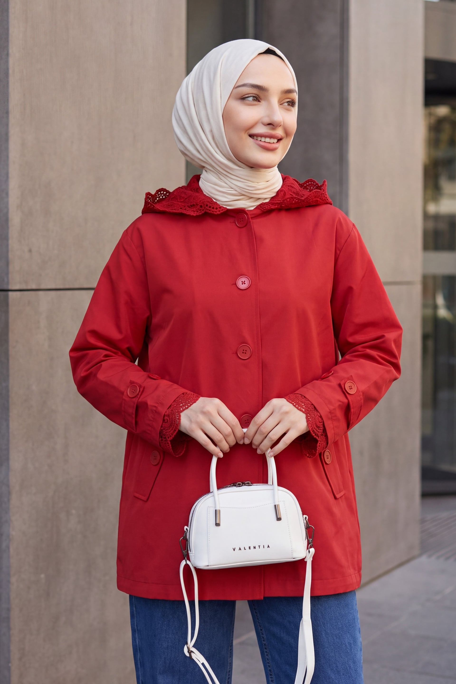 Lace Trim Hooded Button Jacket - Red - Podyumplus - by Peralane - photo 2