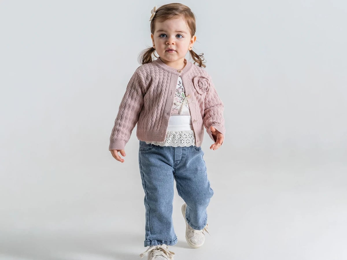 Girls' Knit Cardigan and Dress Set with Lace Detail - Dusty Pink - Pampal Kids - by Peralane