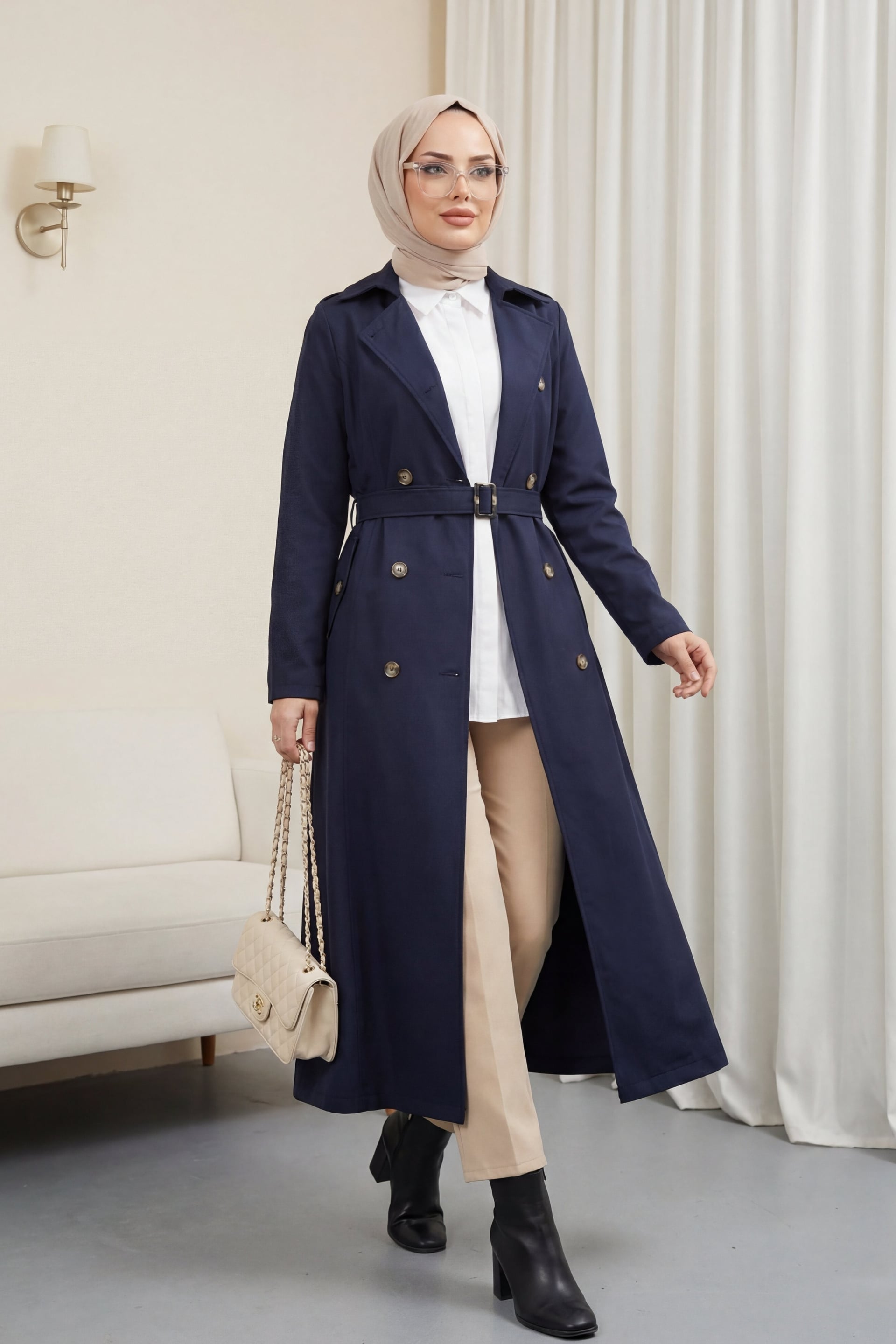 Double-Breasted Belted Trench Coat - Navy - Podyumplus - by Peralane - photo 4