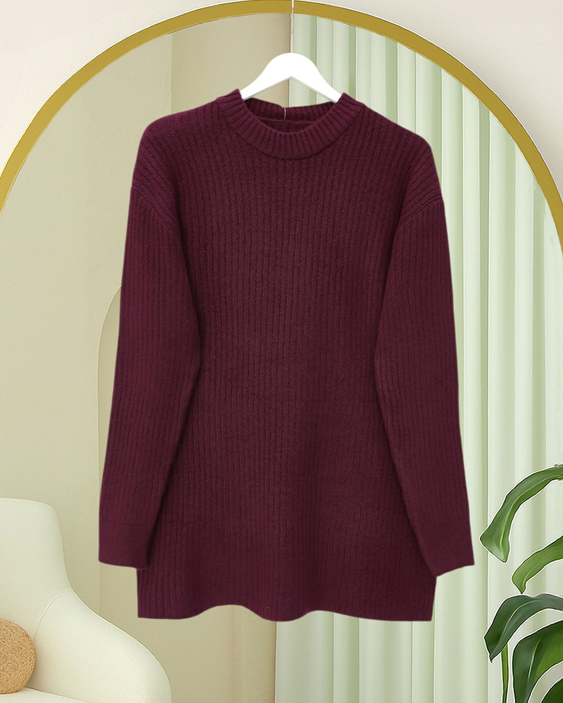 Ribbed Long Tunic Knit Sweater - Burgundy - Podyumplus - by Peralane - photo 3