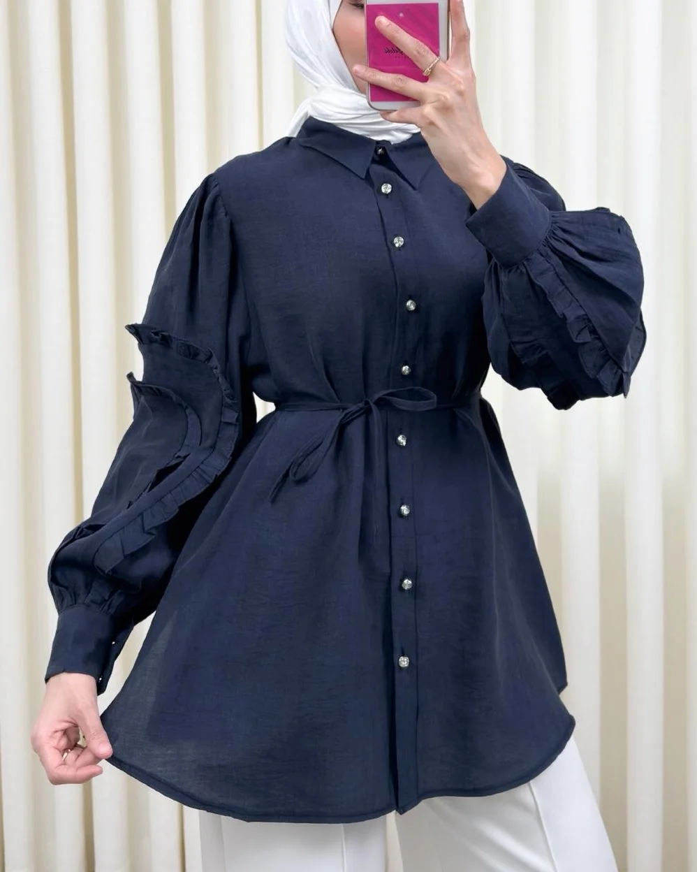 Women's Navy Blue Ruffle Sleeve Blouse with Stone Buttons and Tie Front - Podyumplus - by Peralane - photo 6