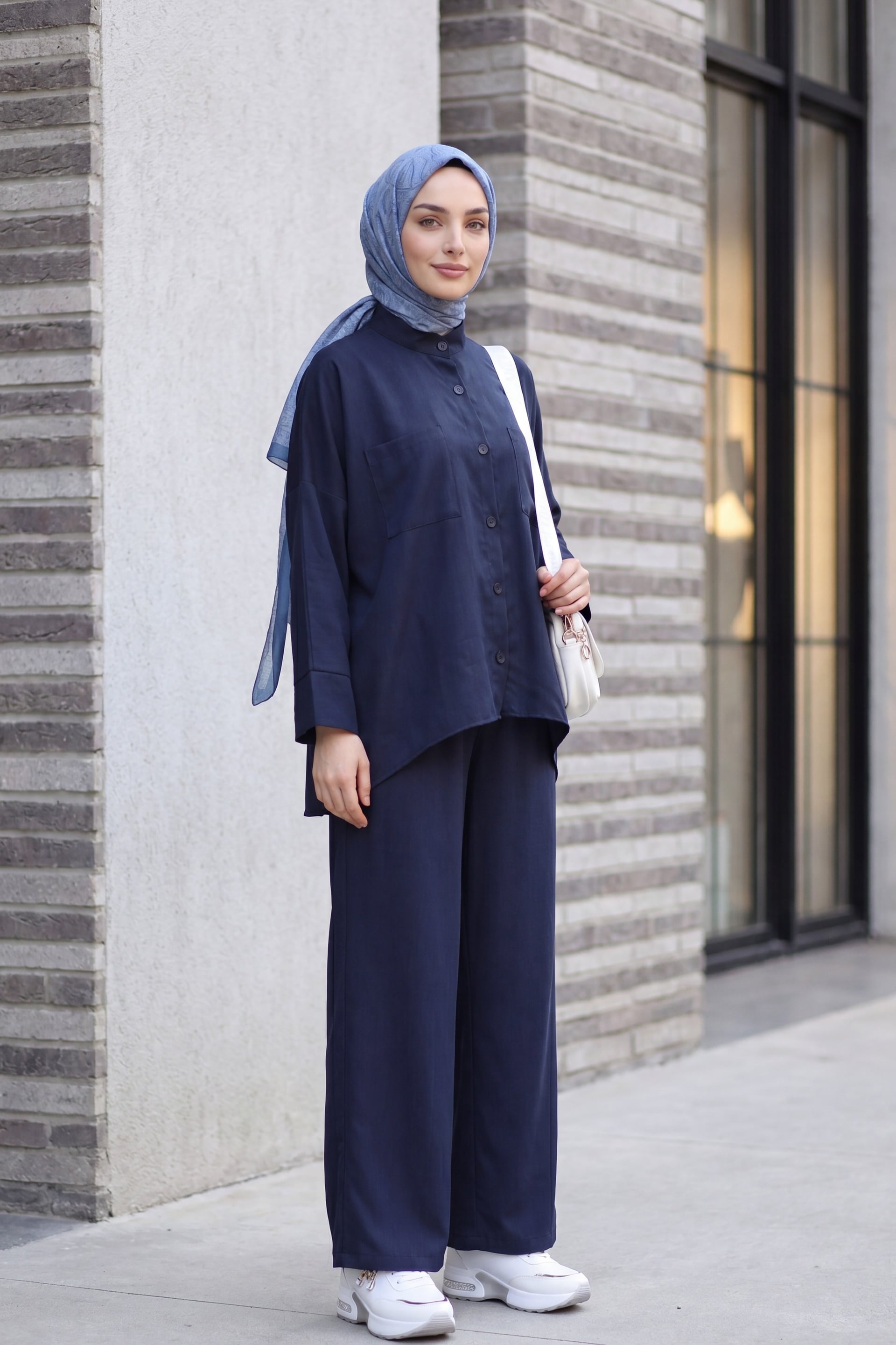 Navy Blue Two-Piece Set with Long-Sleeved Shirt and Wide-Leg Trousers - Podyumplus - by Peralane