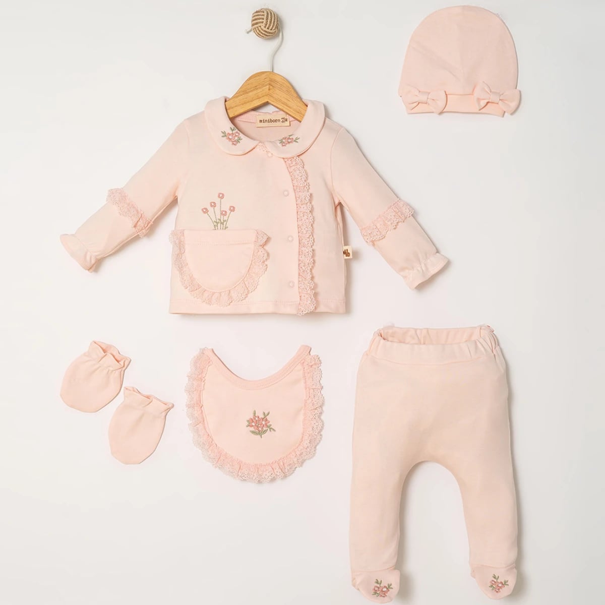 Baby Girls Salmon Pink Lace Trim Set with Jacket, Hat, Bib, Footed Trousers and Mittens - Miniborn - by Peralane