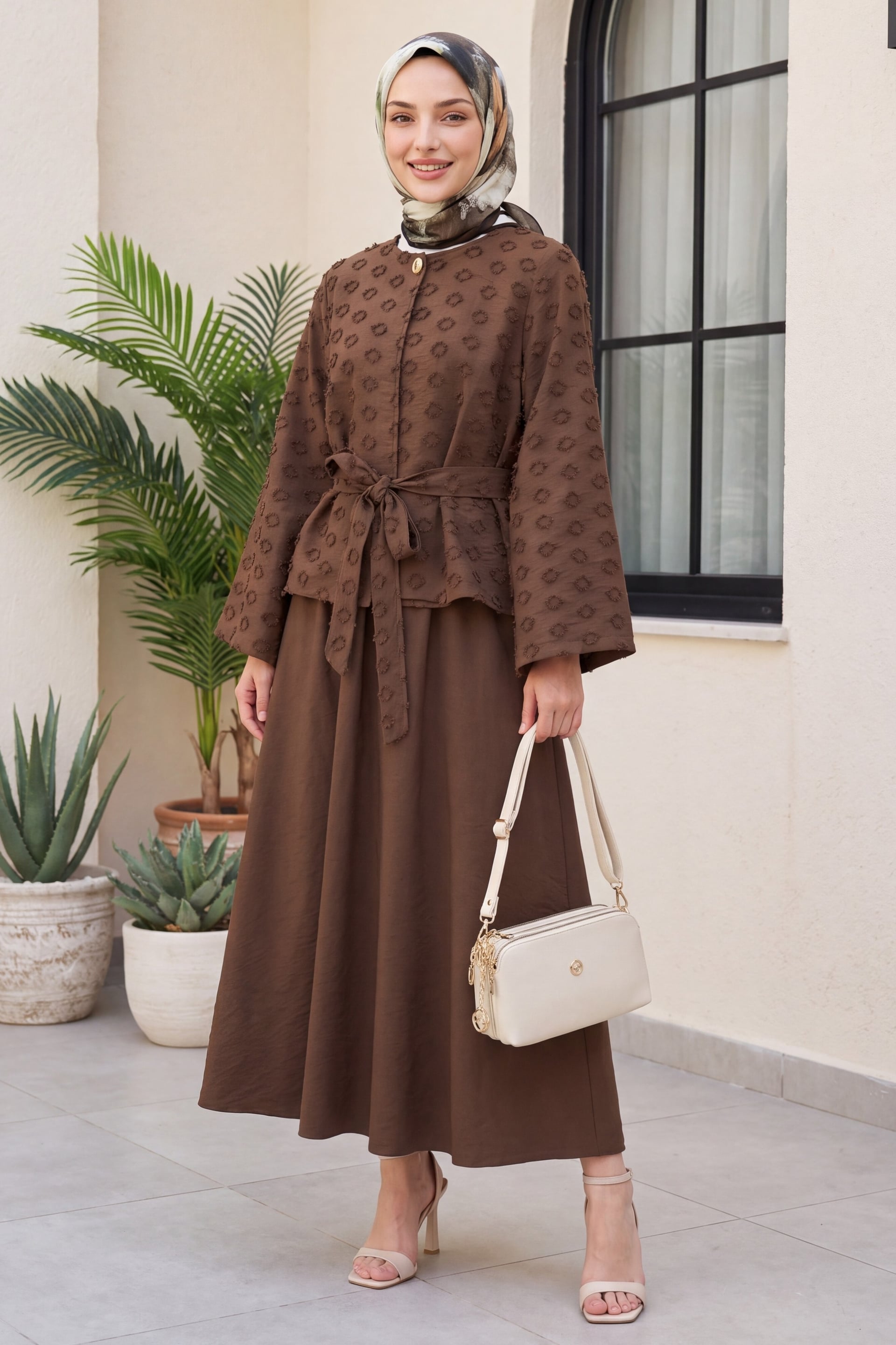 One-Button Belted Skirt Set with Pockets and Embossed Jacquard Pattern - Brown - Podyumplus - by Peralane - photo 2