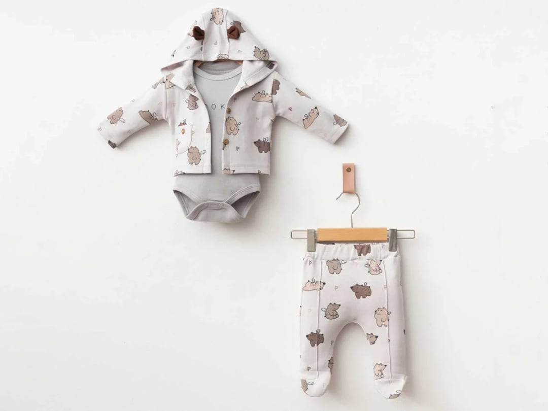 Bear Print Baby Boy Set - Grey - Pookie - by Peralane