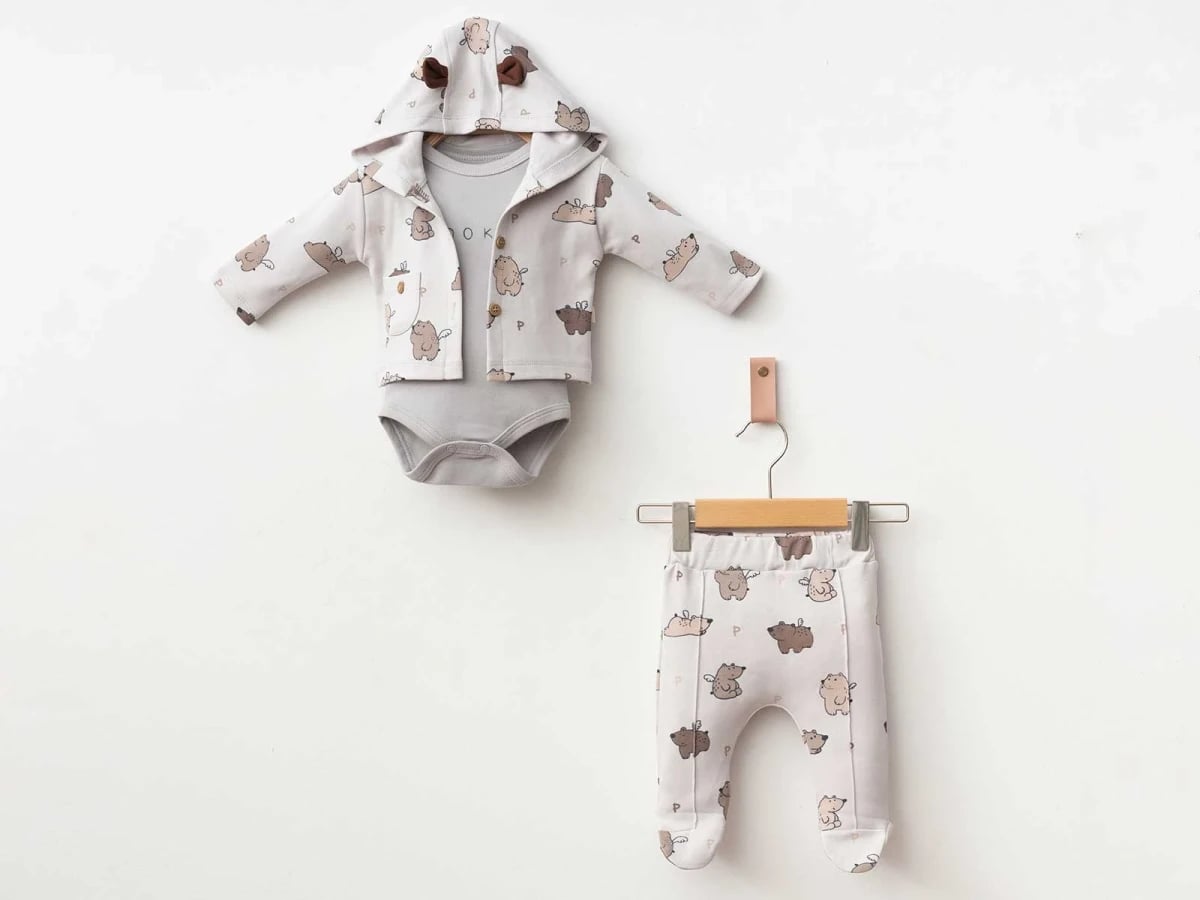 Bear Print Baby Boy Set - Grey - Pookie - by Peralane