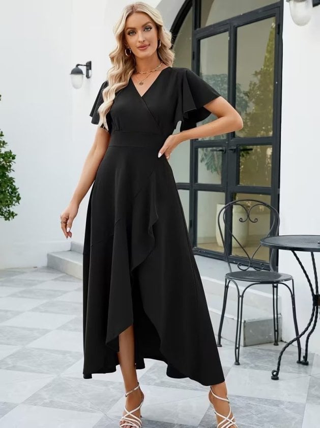 Women's Black V-Neck Wrap Dress with Asymmetric Flounce - Janes - by Peralane - photo 2