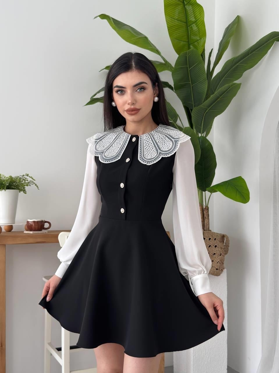Black Dress with White Sheer Bishop Sleeves and Lace Collar - Etika - by Peralane