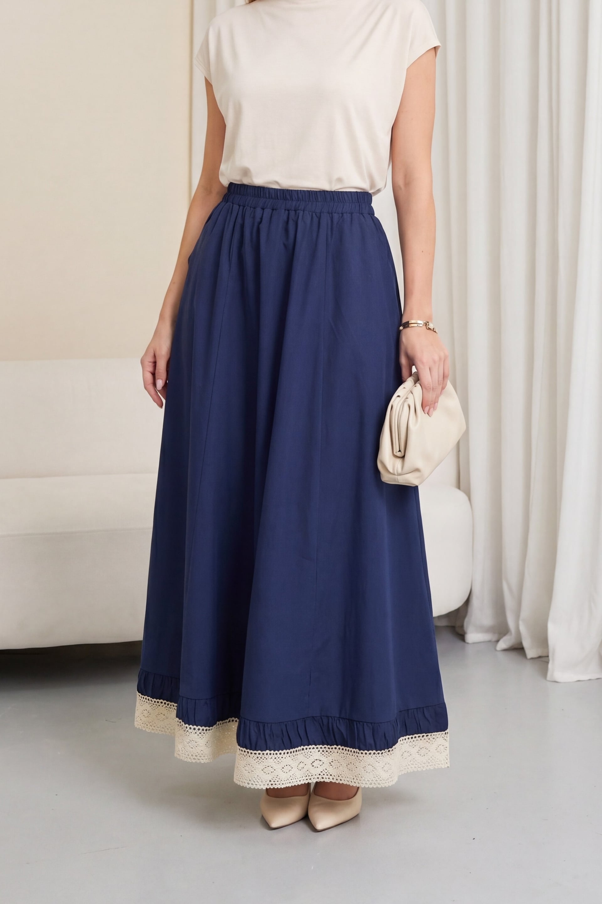Navy Blue Elasticated Waist Poplin Skirt with Lace Trim and Pockets - Podyumplus - by Peralane - photo 6