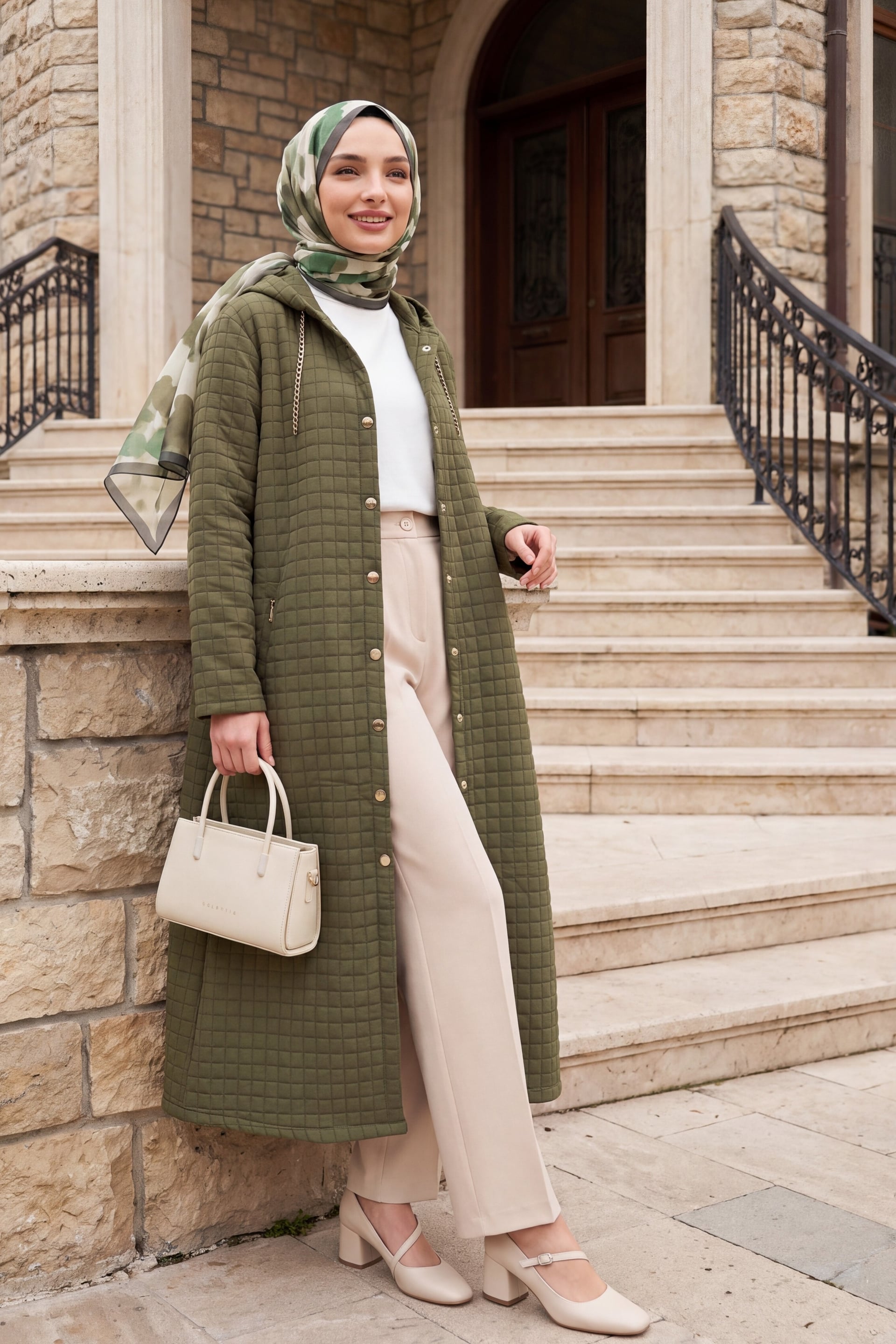 Long Quilted Jacket with Chain Collar Detail - Olive Green - Podyumplus - by Peralane - photo 2