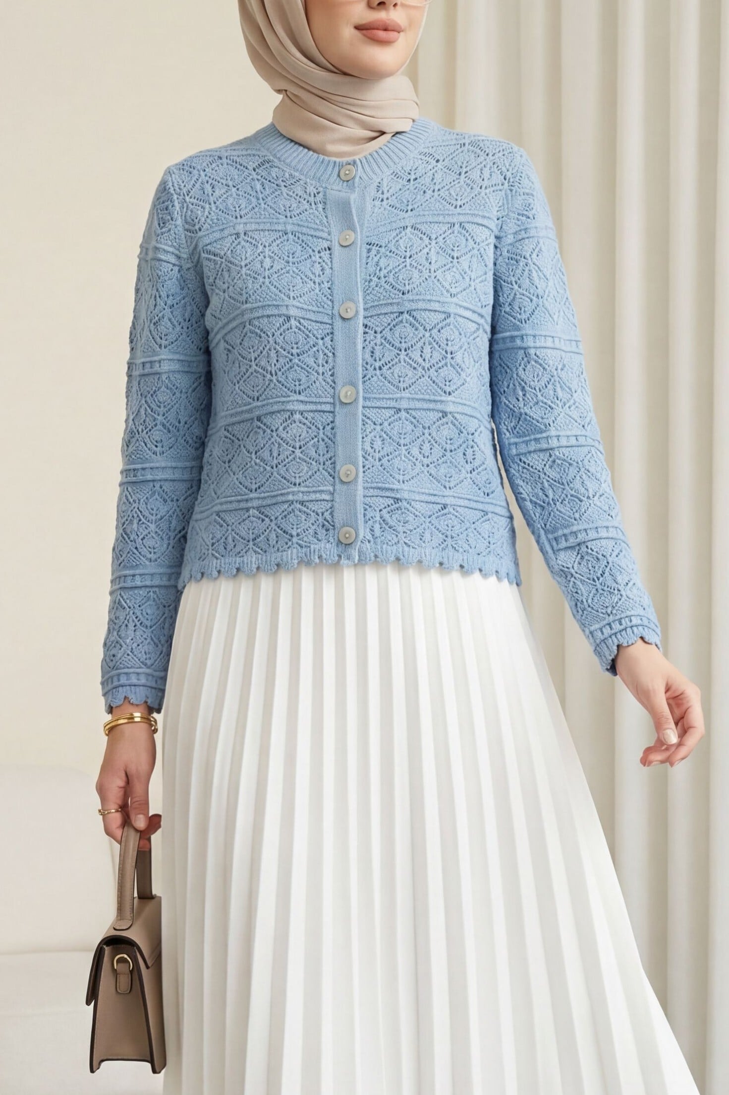 Buttoned Patterned Openwork Knit Cardigan - Ice Blue - Podyumplus - by Peralane