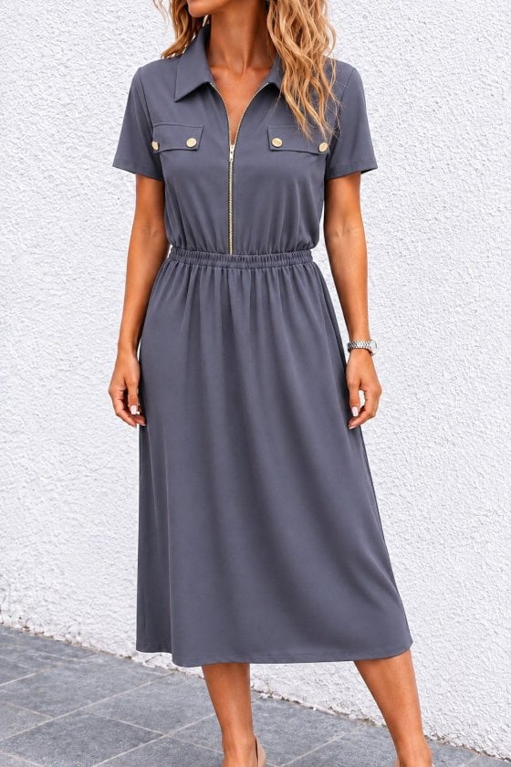 Women's Short-Sleeved Collared Zip-Front Dress with Gold Zipper and Chest Pockets - Janes - by Peralane