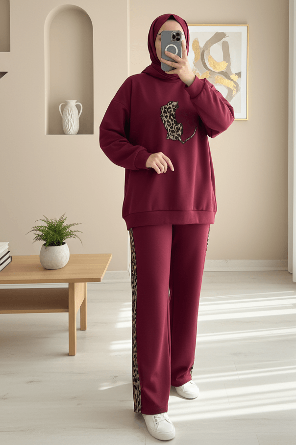 Leopard Print Scuba Two-Piece Set with Trousers - Burgundy - Podyumplus - by Peralane