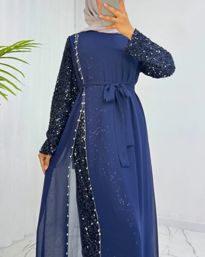 Navy Sequin Embellished Long Sleeve Chiffon Evening Dress with Belt - Podyumplus - by Peralane - photo 6
