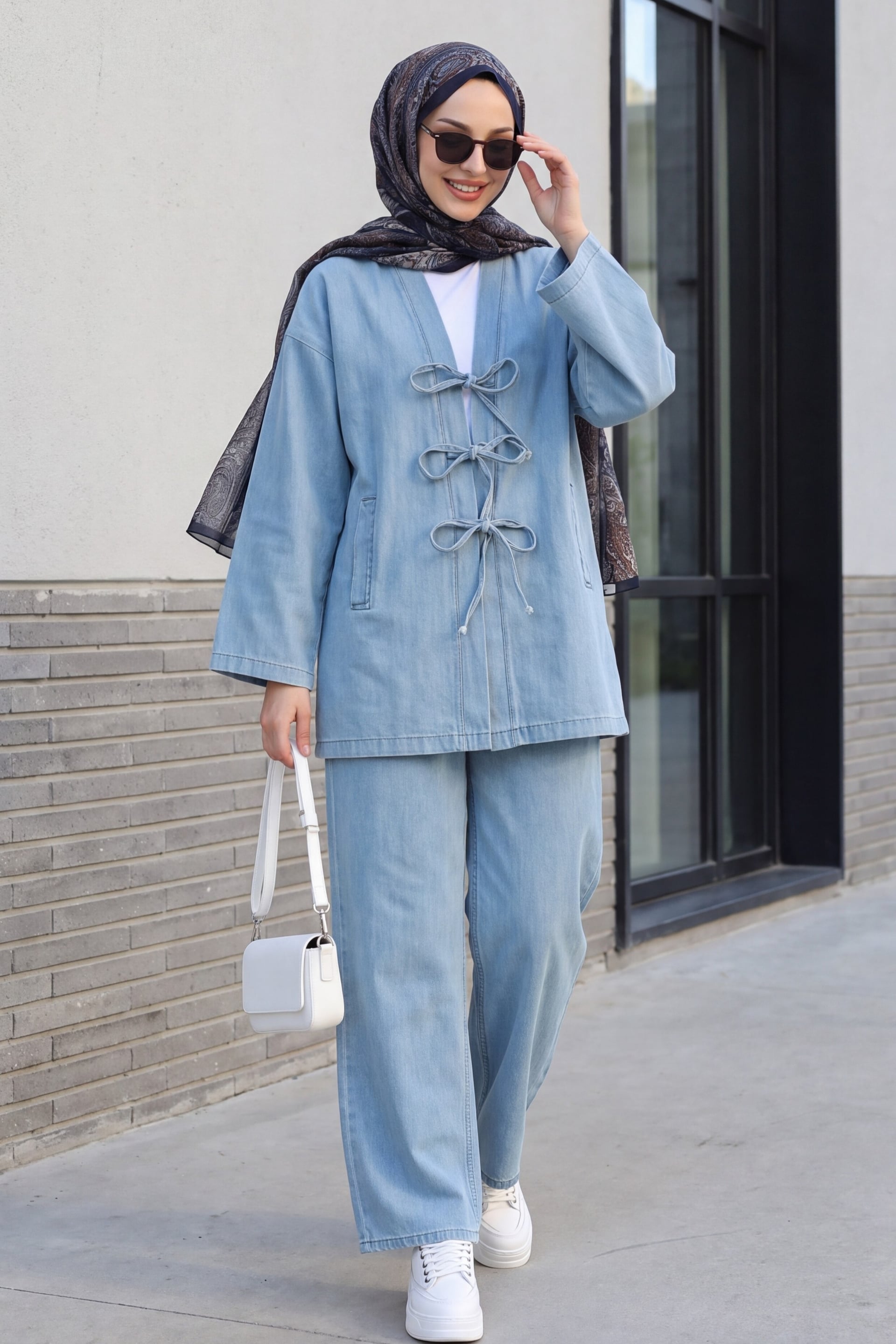 Tie-Front Denim Kimono Set with Pockets - Light Blue - Podyumplus - by Peralane
