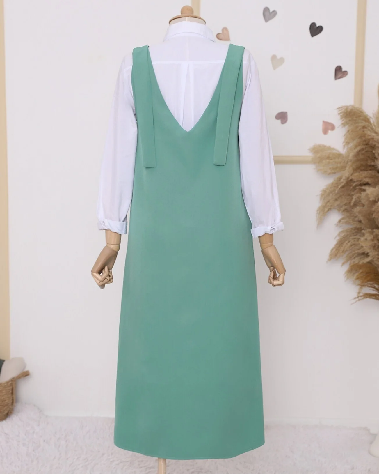Long Sleeveless Pinafore Dress with Bow Straps - Green - Podyumplus - by Peralane - photo 5