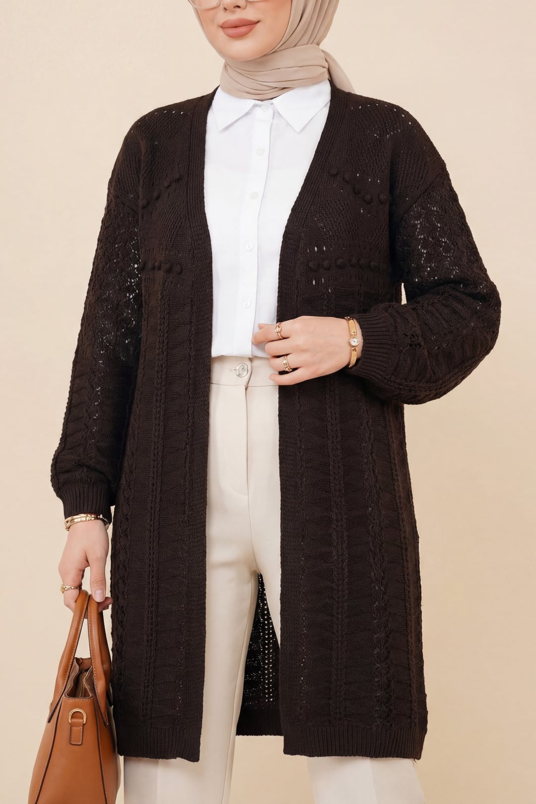 Pom-Pom Mixed Pattern Midi Length Knit Cardigan - Brown - Podyumplus - by Peralane - photo 2