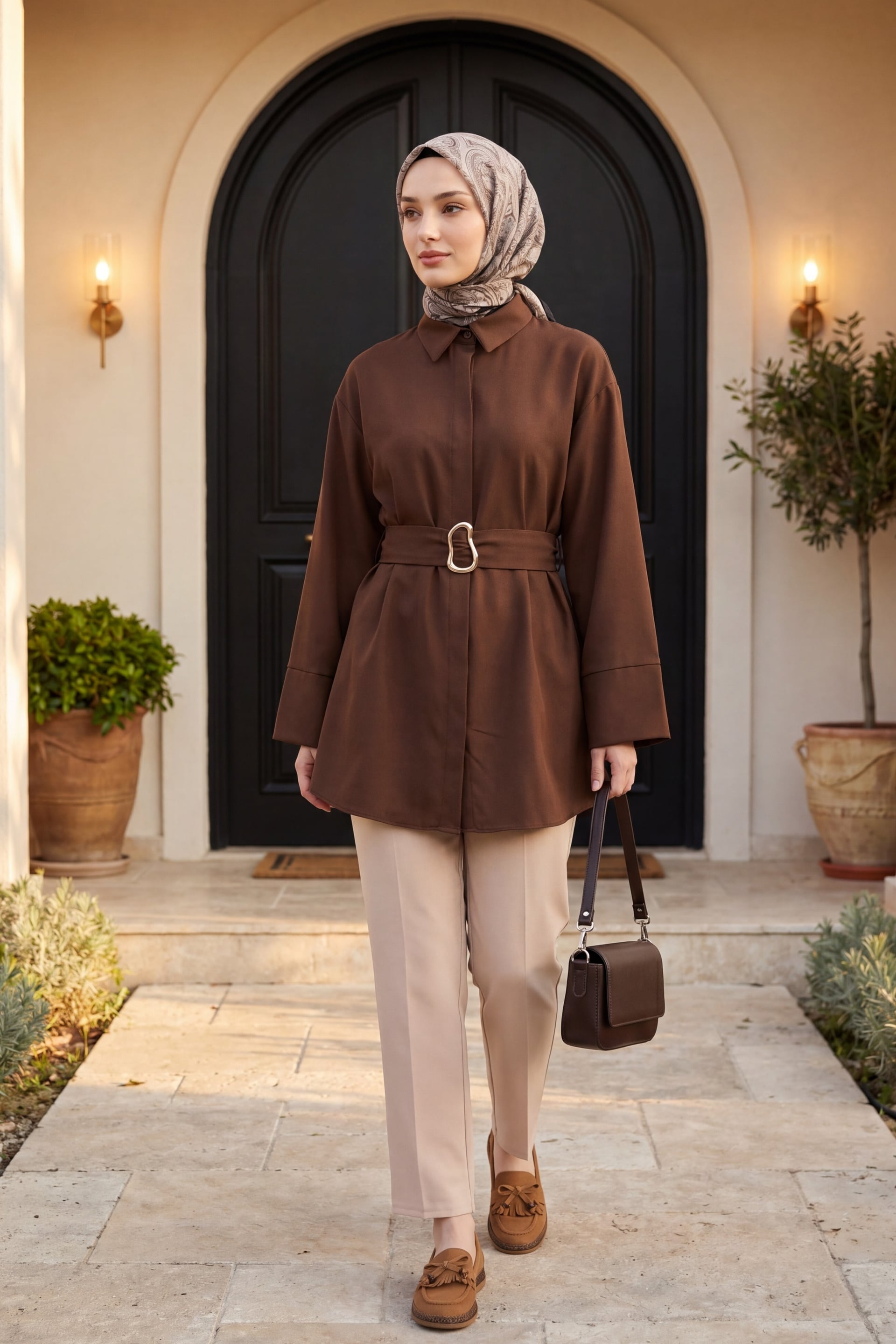 Belted Double Cuff Poplin Tunic - Dark Brown - Podyumplus - by Peralane - photo 5