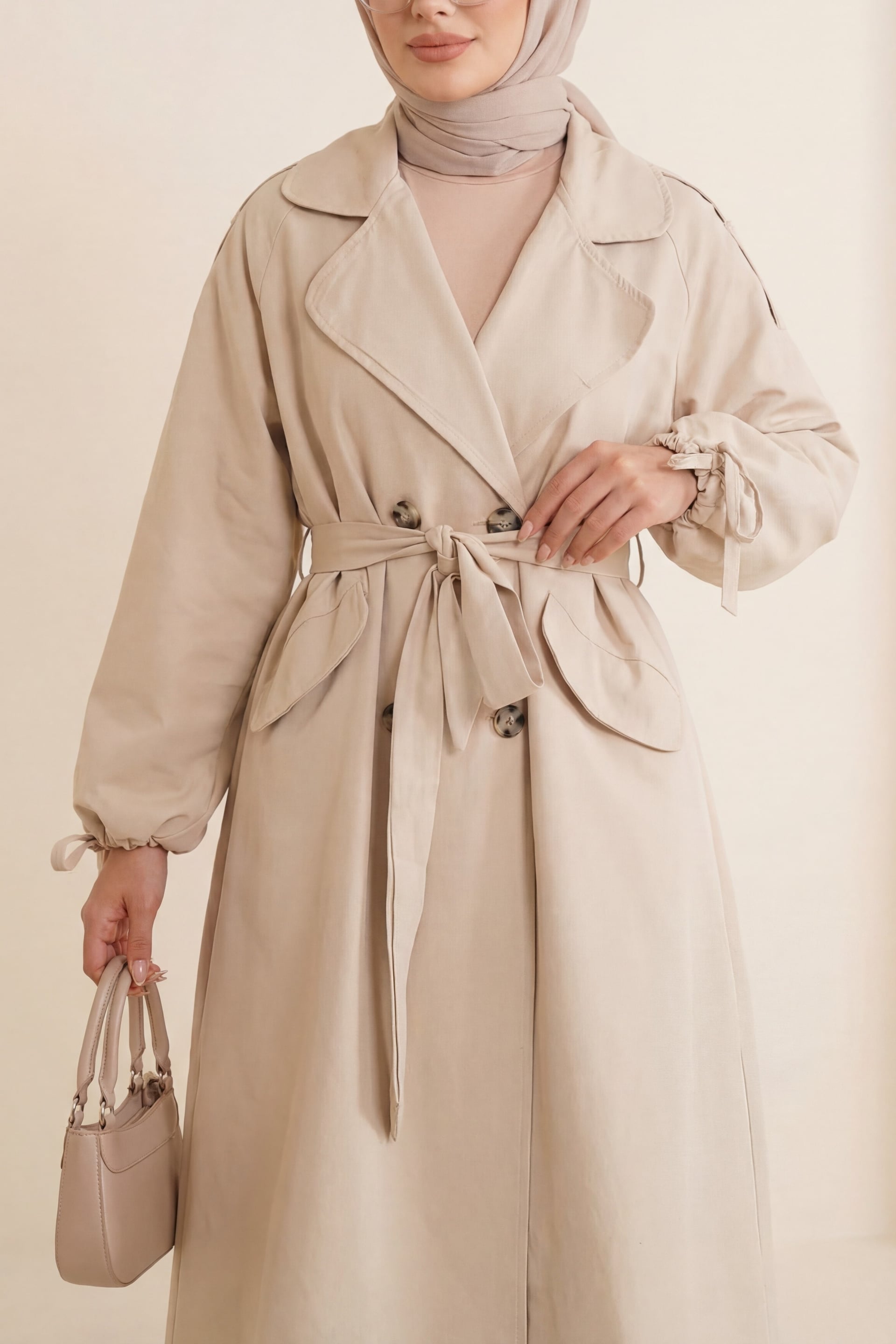 Oversize Tie-Sleeve Trench Coat with Flap Pockets - Stone - Podyumplus - by Peralane - photo 2