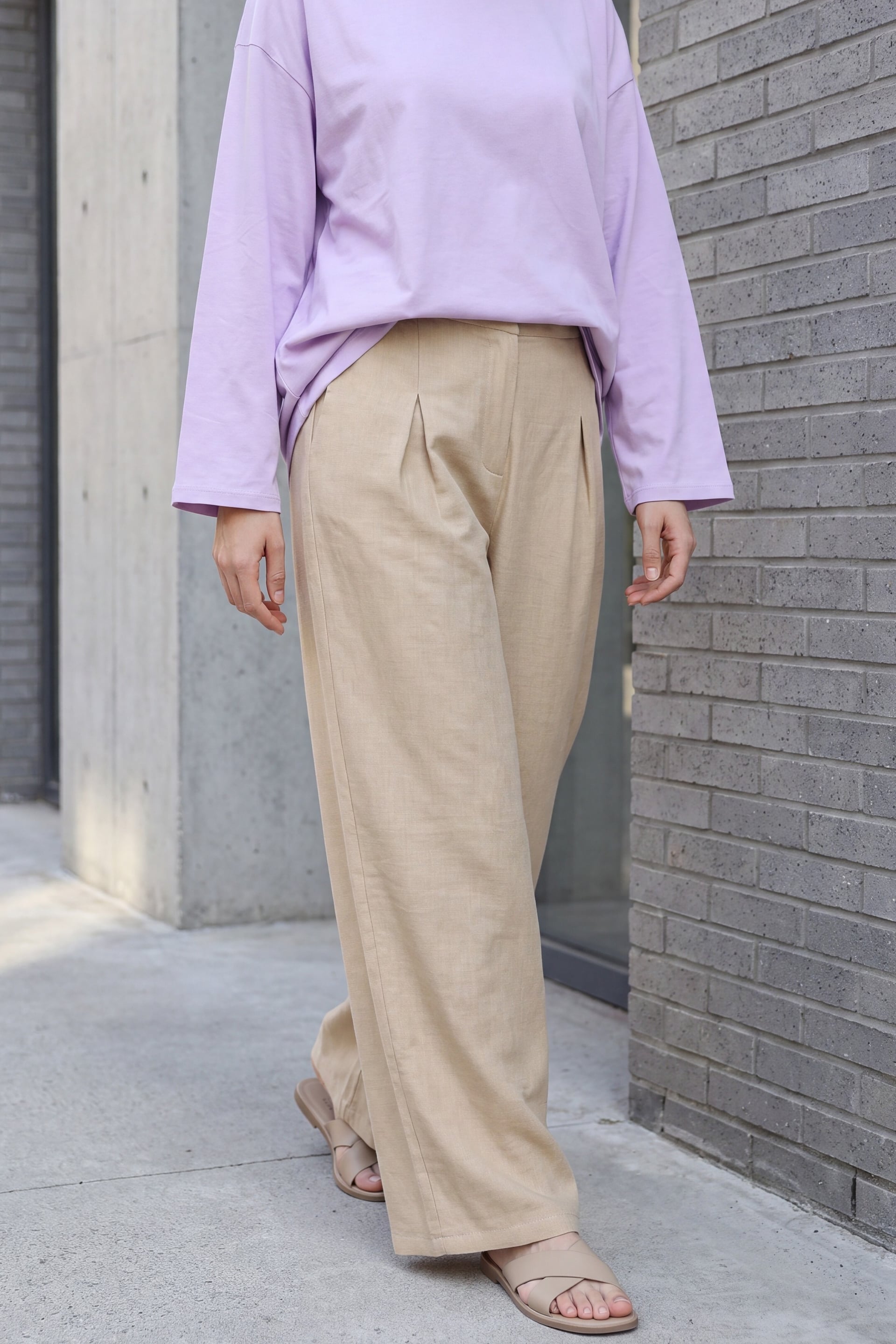 Elastic Waist Wide Leg Pleated Linen Look Trousers - Mink - Podyumplus - by Peralane - photo 2