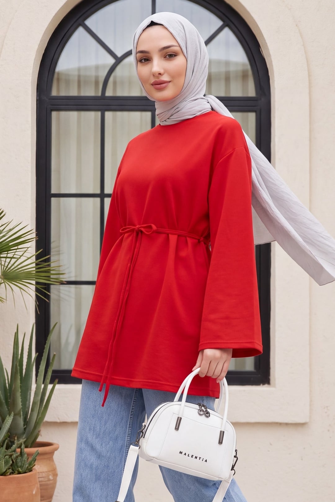 Round Neck Tie Waist Knit Tunic - Red - Podyumplus - by Peralane - photo 2