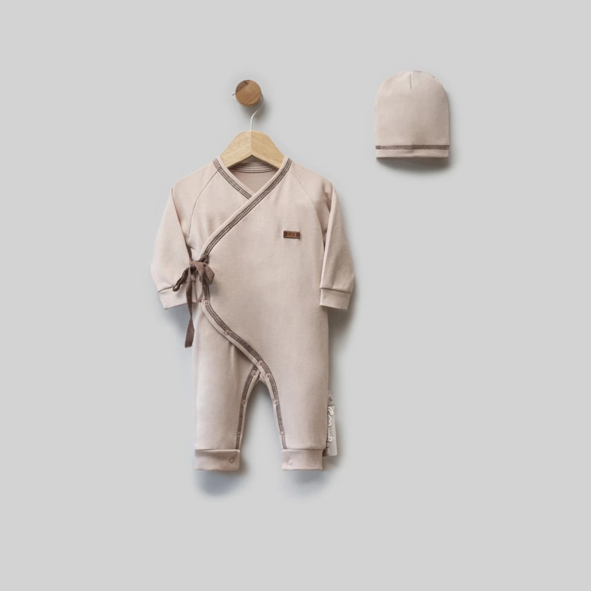 Baby Romper and Hat Set - 3 Pack - Light Beige with Brown Trim - Flexi Baby - by Peralane