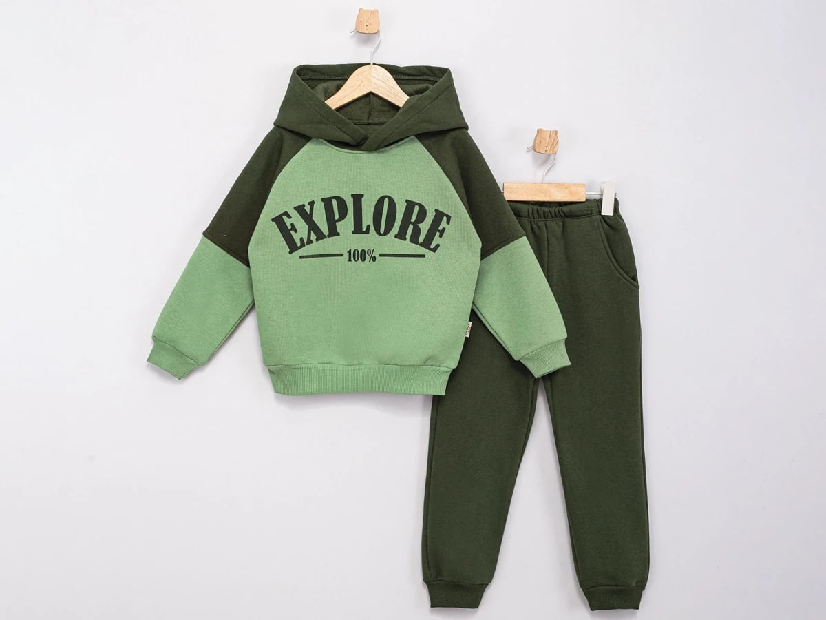 Boys' Hooded Sweatshirt and Trouser Set with Explore Print - Green - Feely Kids - by Peralane