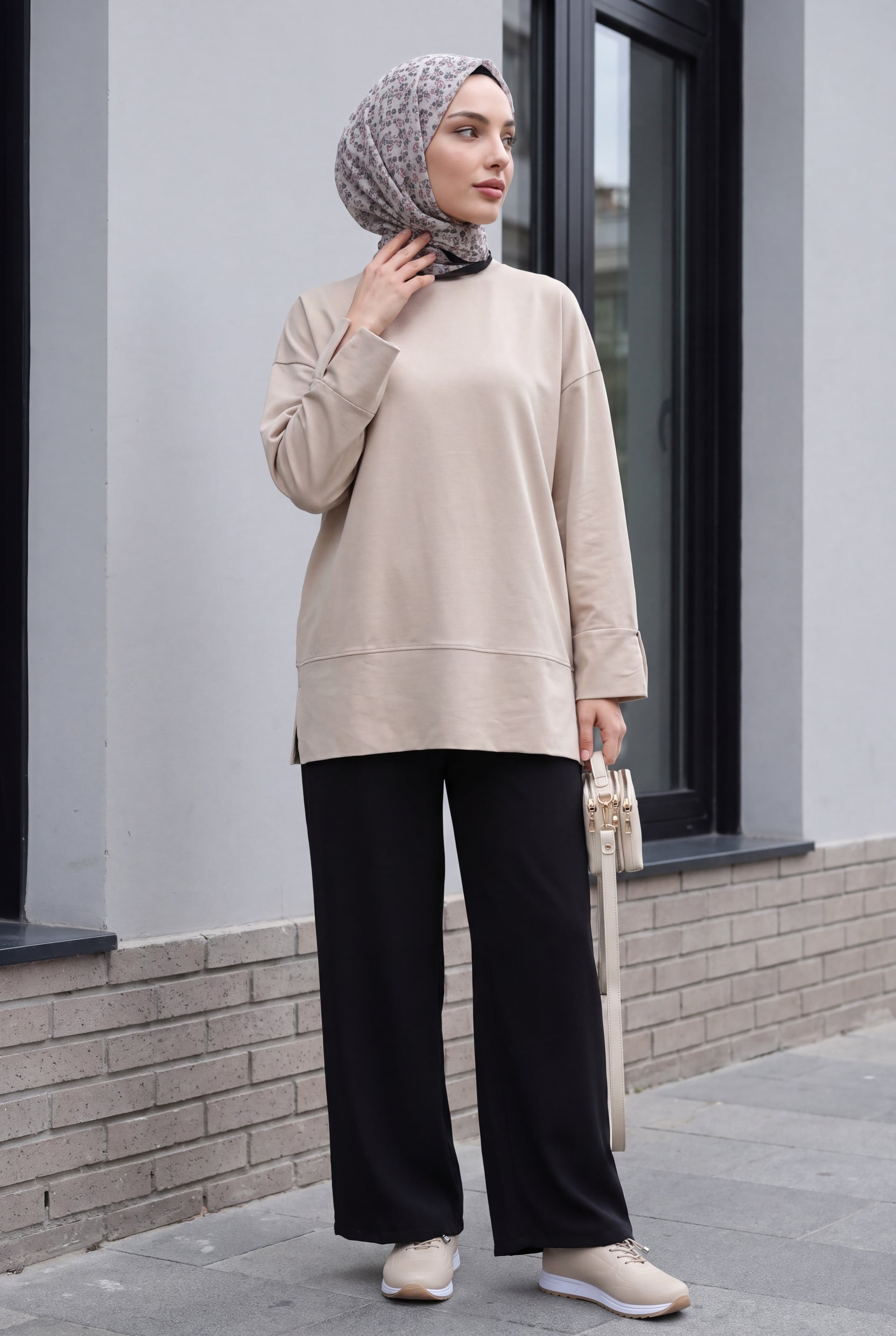 Crew Neck Slit Oversize Knit Tunic - Mink - Podyumplus - by Peralane - photo 3