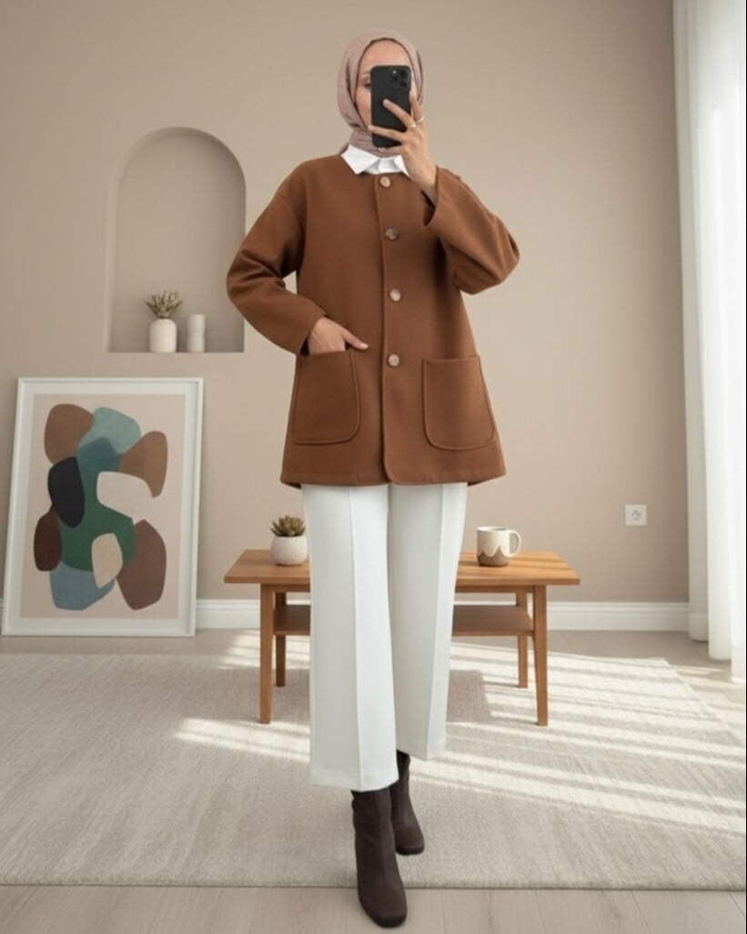 Double Pocket Button-Front Coat - Light Brown - Podyumplus - by Peralane - photo 3