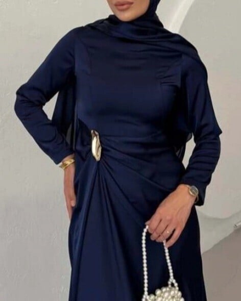 Navy Blue Draped Waist Satin Dress - Podyumplus - by Peralane - photo 5