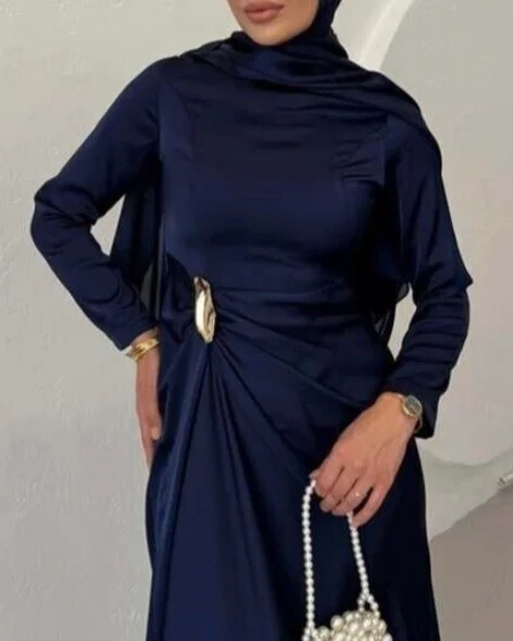 Navy Blue Draped Waist Satin Dress - Podyumplus - by Peralane - photo 5