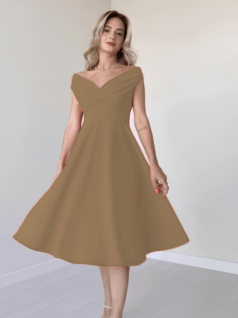 Women's Sleeveless Off-Shoulder V-Neck Flared Dress in Tan - Janes - by Peralane - photo 3
