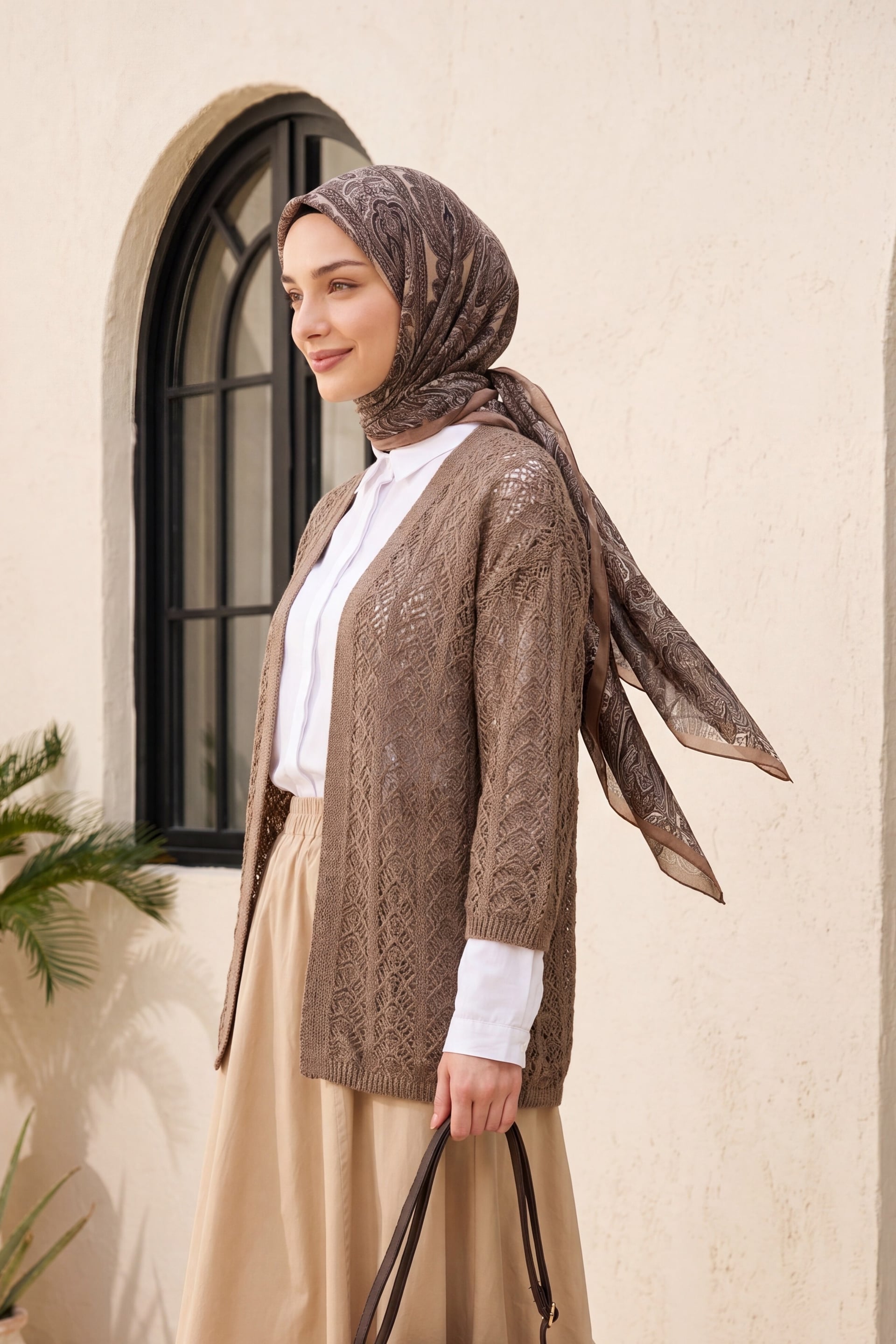 Half-Sleeve Openwork Short Cardigan - Brown - Podyumplus - by Peralane - photo 2