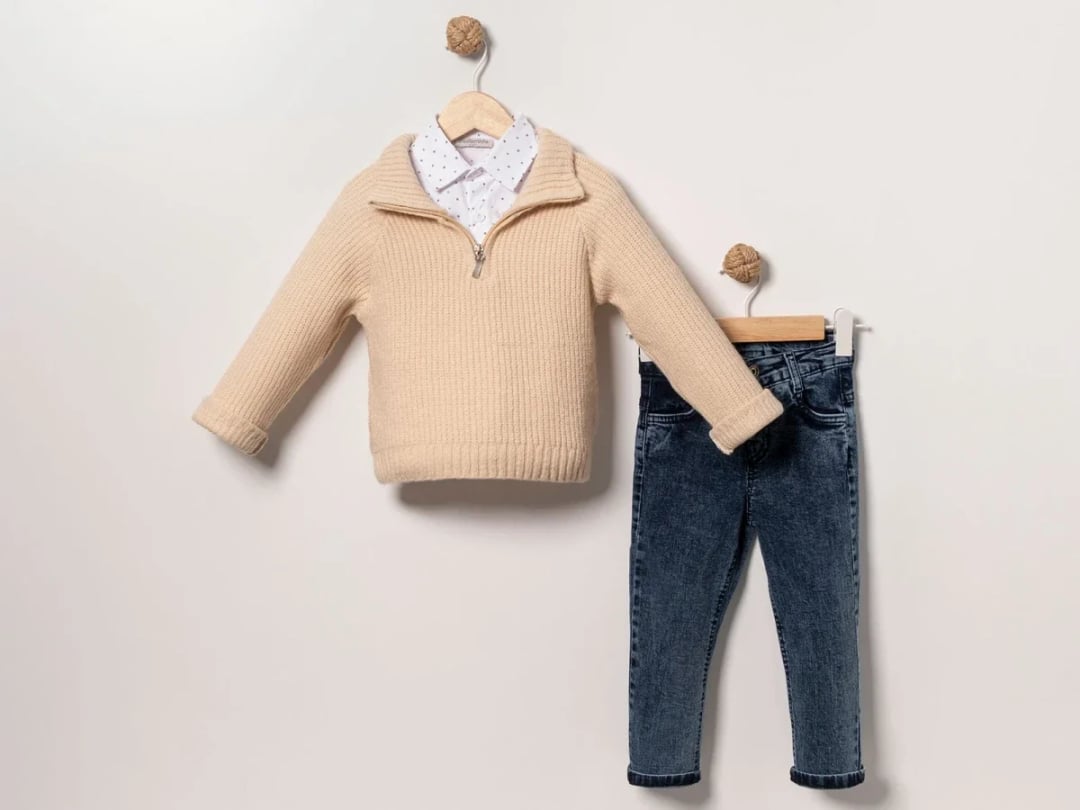 Boys' Knit Sweater and Jeans Set - Light Beige - Eymus - by Peralane