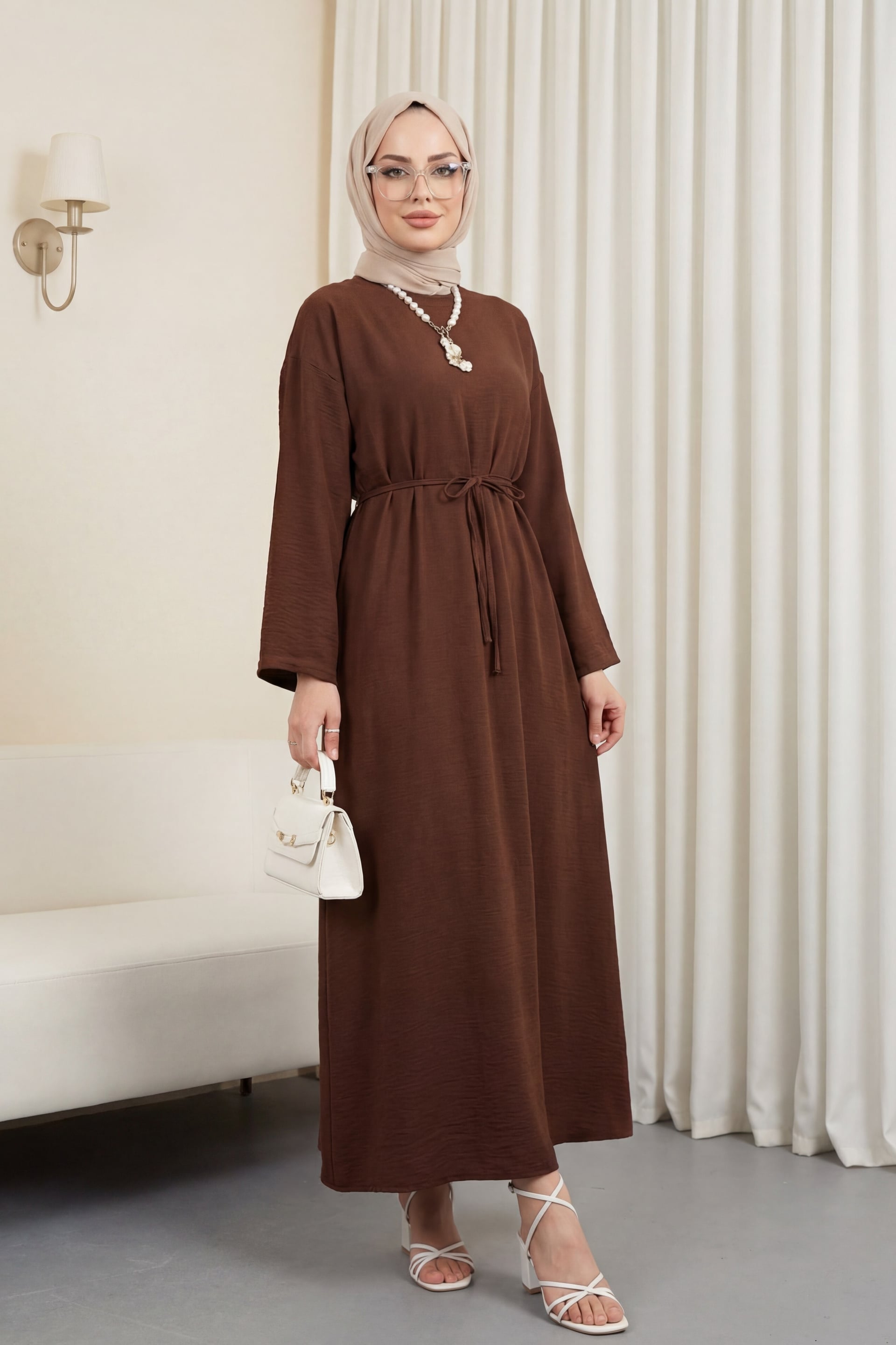 Brown Tie-Waist Long-Sleeve Linen Look Dress with Back Zipper - Podyumplus - by Peralane