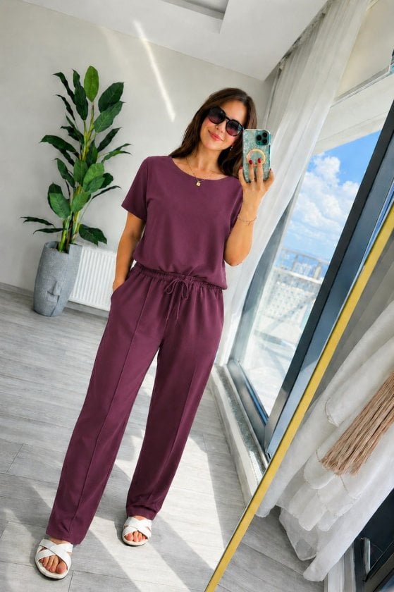 Women's Short-Sleeve Cycling Neck Viscose Two-Piece Top and Trousers Set - Janes - by Peralane
