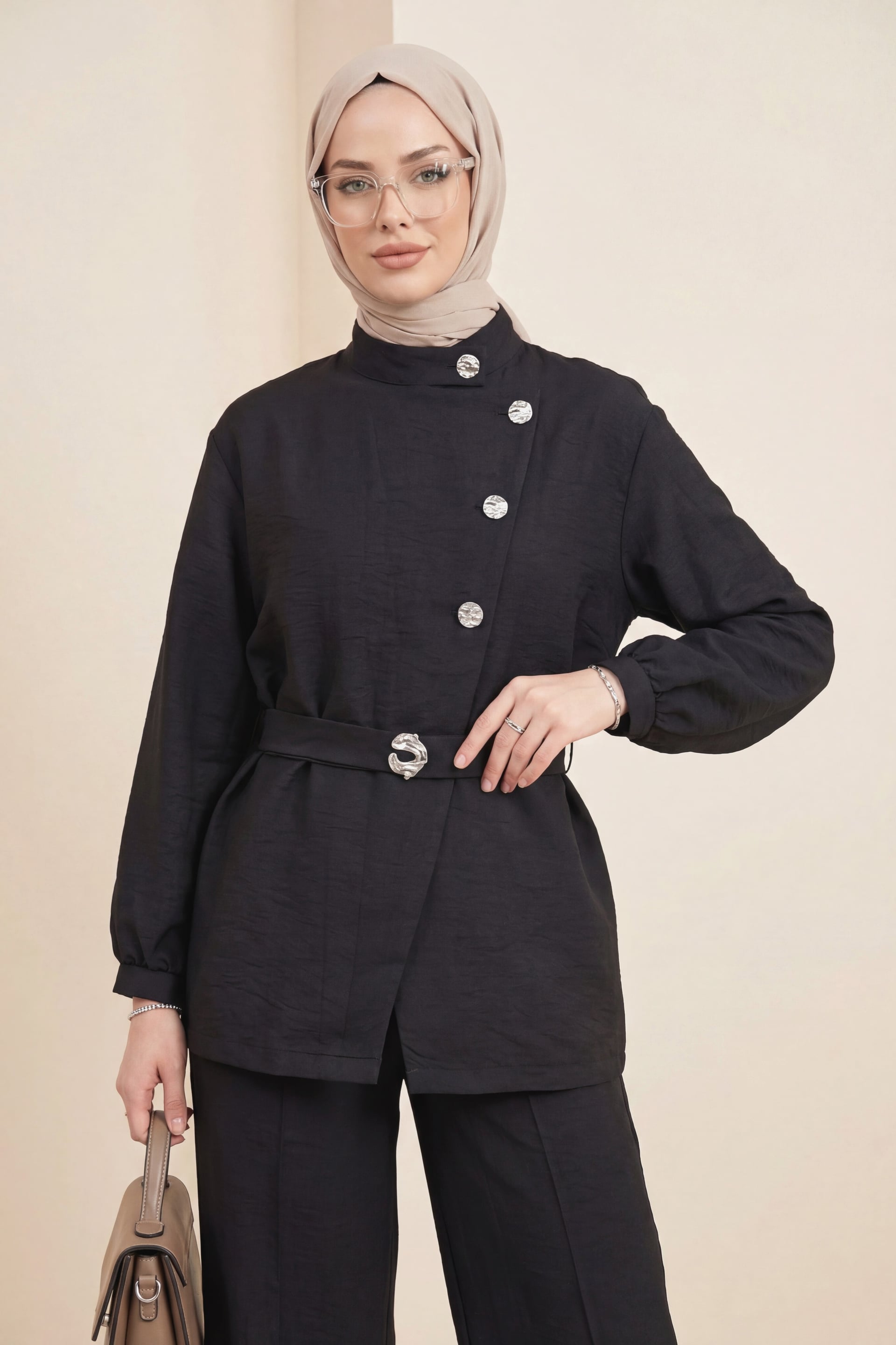Black Gold Button Belted Frill Detail Cupra Tunic and Trousers Set - Podyumplus - by Peralane - photo 3